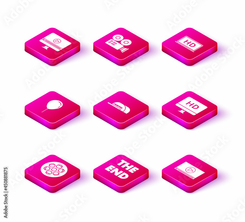 Set Film reel, The End handwritten inscription, Balloon with ribbon, Cap director, Online play video, Computer PC monitor HD technology, Laptop screen and Cinema camera icon. Vector