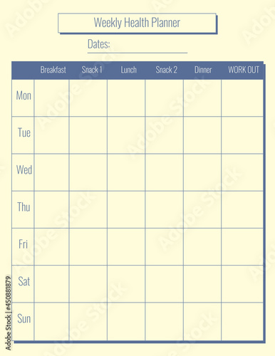 Blue weekly meal planner, health glider. Menu, food, To Do, schedule, self-care, to-do list.