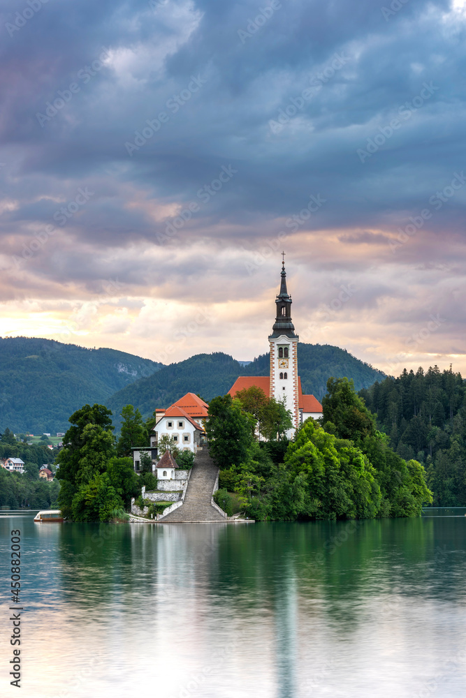 Faitytale Bled Lake with Island Church at Romantic Sunrise, Slovenia
