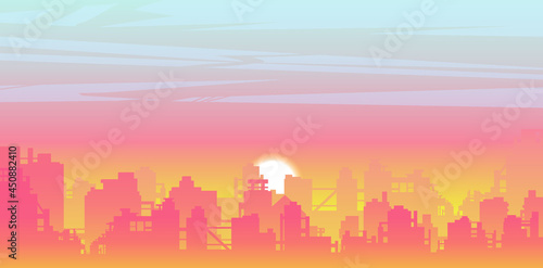 sunset over the city vector illustration, cityscape, pink skyline