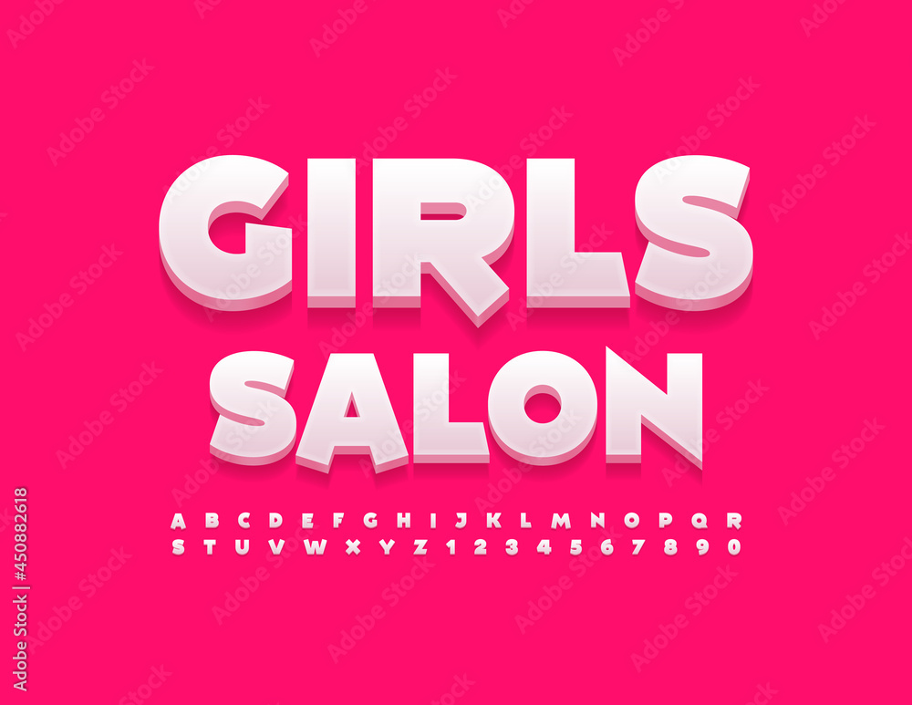 Vector stylish logo Girls Salon. White trendy Font. 3D modern Alphabet Letters and Numbers set Vector stylish logo Girls Salon. White trendy Font. 3D modern Alphabet Letters and Numbers set