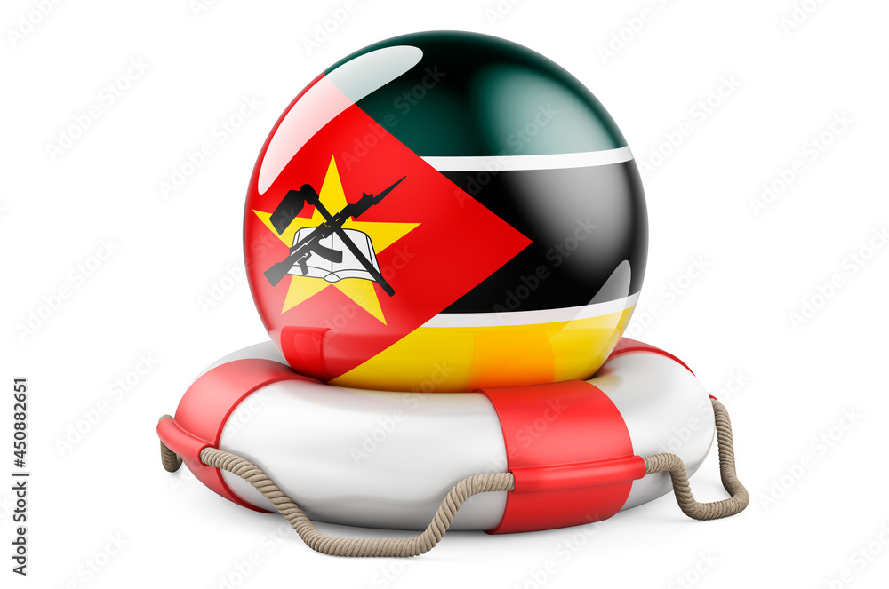 Lifebelt with Mozambican flag. Safe, help and protect of Mozambique concept. 3D rendering Lifebelt with Mozambican flag. Safe, help and protect of Mozambique concept. 3D rendering
