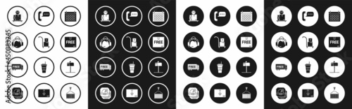 Set Calendar, Hand truck and boxes, Support operator in touch, Scale with cardboard, Cardboard free symbol, Telephone speech bubble chat, Open mail and Free delivery service icon. Vector