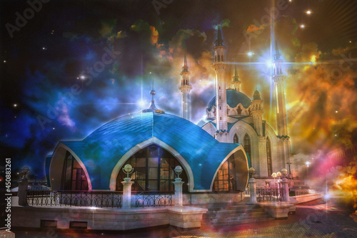 Kazan, Russia, Kul Sharif mosque. Collage with night light spots. photo