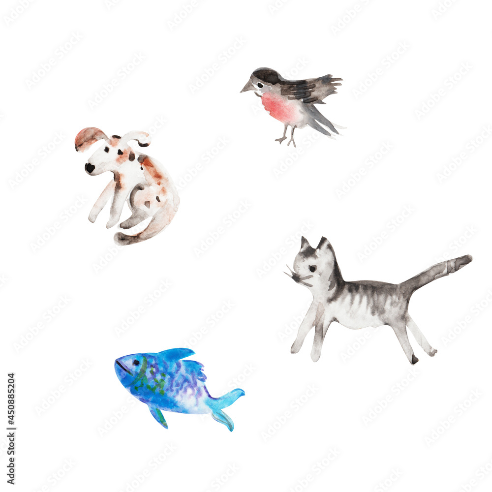 Fototapeta premium Hand drawn watercolor pet animals set.