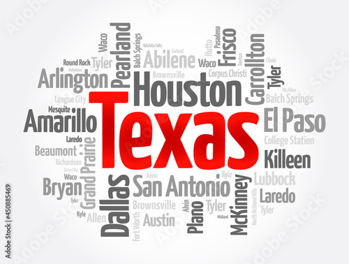 List of cities in Texas USA state word cloud, concept background photo