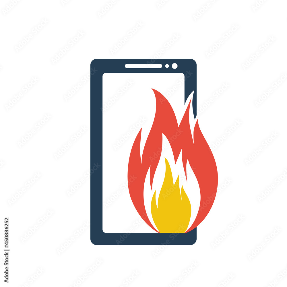 Burning phone. Fire and smartphone. Blank screen, template for application. Place for text and illustration. Vector flat design. Isolated on white background. Silhouette icon. Burning phone. Fire and smartphone. Blank screen, template for application. Place for text and illustration. Vector flat design. Isolated on white background. Silhouette icon.