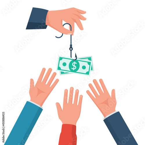 Coin on hook. Dollar bait. Money trap concept. Vector illustration flat design. Isolated on background. Hand reaching for free money. Financial bait. Greed concept.