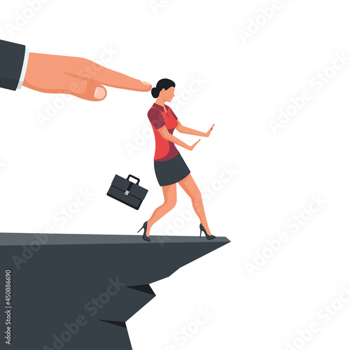 Man pushes a businesswoman with a cliff. Big hand of leader pushes subordinate employee into abyss. Standing on cliff. Danger of falling into abyss. Business challenge concept. Vector flat design.