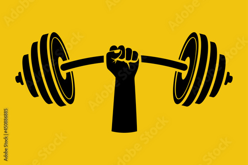 Strong concept. Black silhouette barbell in hands icon. Hand of man holding a dumbbell. Vector illustration flat design. Weight lifting, train hard concept. Sports fitness life style.