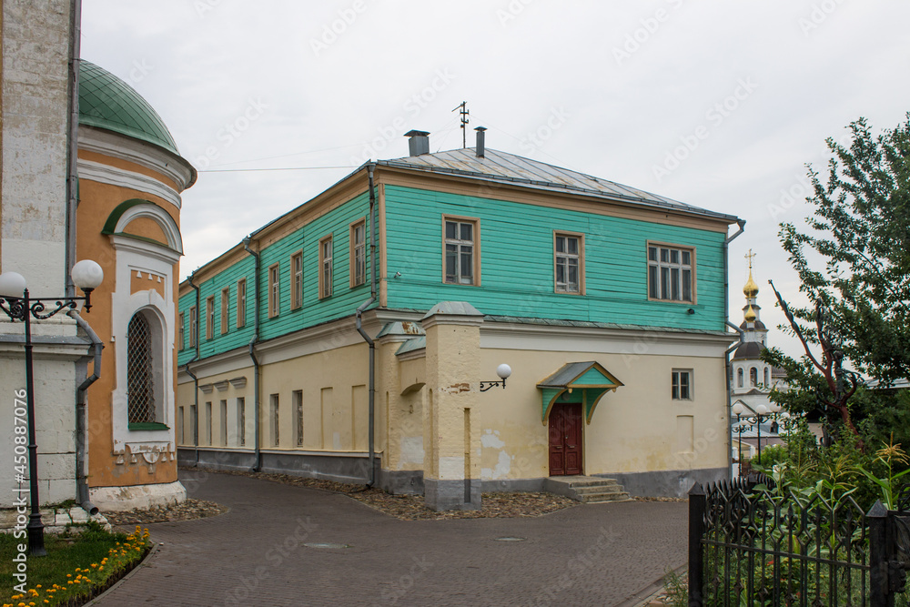 facade of an old pharmacy in the historical center of the city on a cloudy summer day in Vladimir Russia