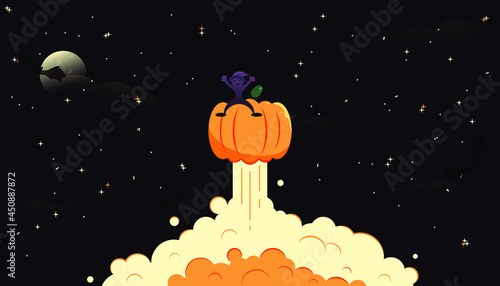 Halloween space landscape. Pumpkin rocket with a cheerful alien in a witch's hat against the background of a starry sky with a full moon and bats. Funny cute flat design. Vector illustration