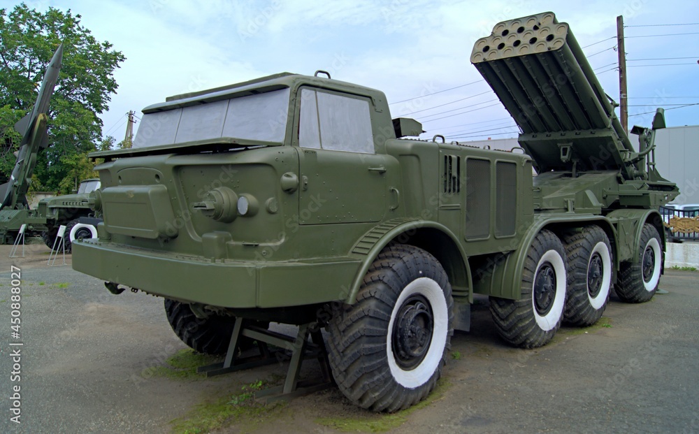 Multiple launch rocket system. Sгoviet combat vehicle. Artillery installation.