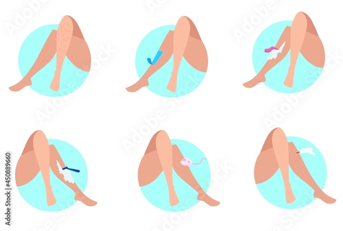 Set of different ways of hair removal. Cartoon vector illustration. Legs and epilation, depilation, shaving process with razor, epilator or wax cream. Cosmetology, beauty salon, hair concept