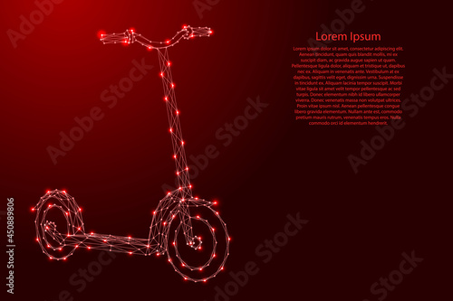 Scooter electric, two-wheeled from futuristic polygonal red lines and glowing stars for banner, poster, greeting card. Vector illustration.
