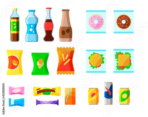 Set of colorful junk food packages. Cartoon vector illustration. chocolates, beverages, sweet soda, candy bar, snacks isolated in white background. Fast food, plastic, product package concept