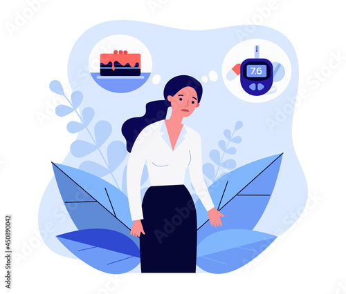 Cartoon woman feeling unwell due to level of glucose in blood. Flat vector illustration. Girl thinking about sweets and about glucometer, pills. Health, diabetes, diet, lifestyle, illness concept