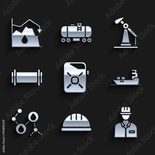 Set Canister for motor oil, Worker safety helmet, Oilman, tanker ship, Molecule, Industry pipe, pump pump jack and Drop in crude price icon. Vector