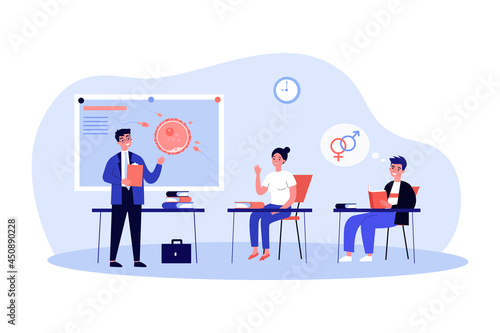 Students studying fertilization theme in class. Flat vector illustration. Teacher standing at blackboard and explaining biological process to young people. Biology, education, reproduction concept