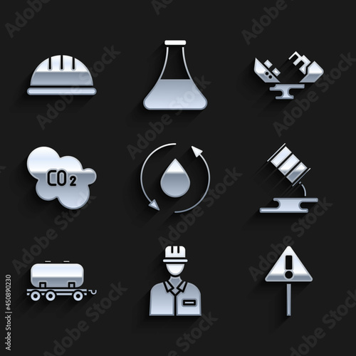 Set Oil drop, Oilman, Exclamation mark in triangle, Barrel oil leak, railway cistern, CO2 emissions cloud, Wrecked tanker ship and Worker safety helmet icon. Vector