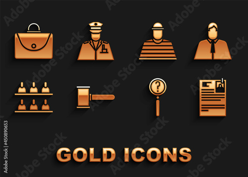 Set Judge gavel, Lawyer, attorney, jurist, Lawsuit paper, Magnifying glass with search, Jurors, Prisoner, Briefcase and Police officer icon. Vector
