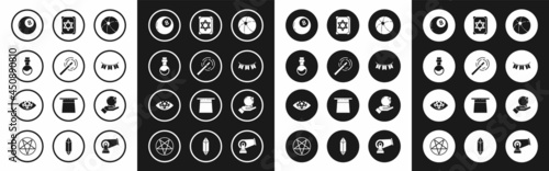 Set Beach ball, Magic wand, Bottle with love potion, of predictions, Carnival garland flags, Ancient magic book, hand and Pentagram icon. Vector