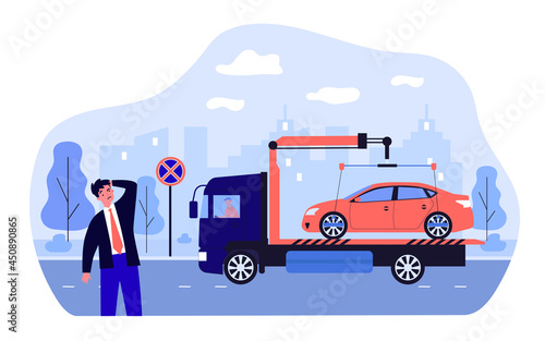 Car evacuation due to violation of parking rules by businessman. Confused owner, tow truck flat vector illustration. Car service, transportation concept for banner, website design or landing web page