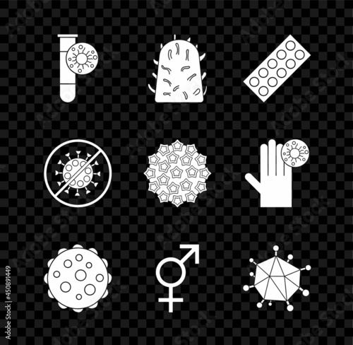 Set Test tube with virus, Rabies, Pills in blister pack, Virus, Gender, Stop and icon. Vector