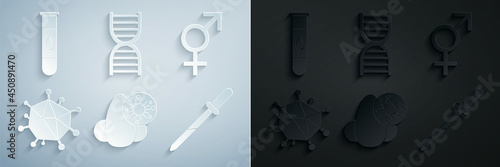 Set Runny nose and virus, Gender, Virus, Pipette, DNA symbol and Blood test icon. Vector