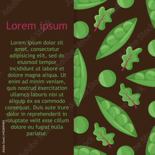 Seamless vector pattern with fresh sweet organic green pea with leaves and herb. Backdrop with tasty vegetable ingredient. Colorful cartoon illustration for fabric print, kitchen textile, menu cover.