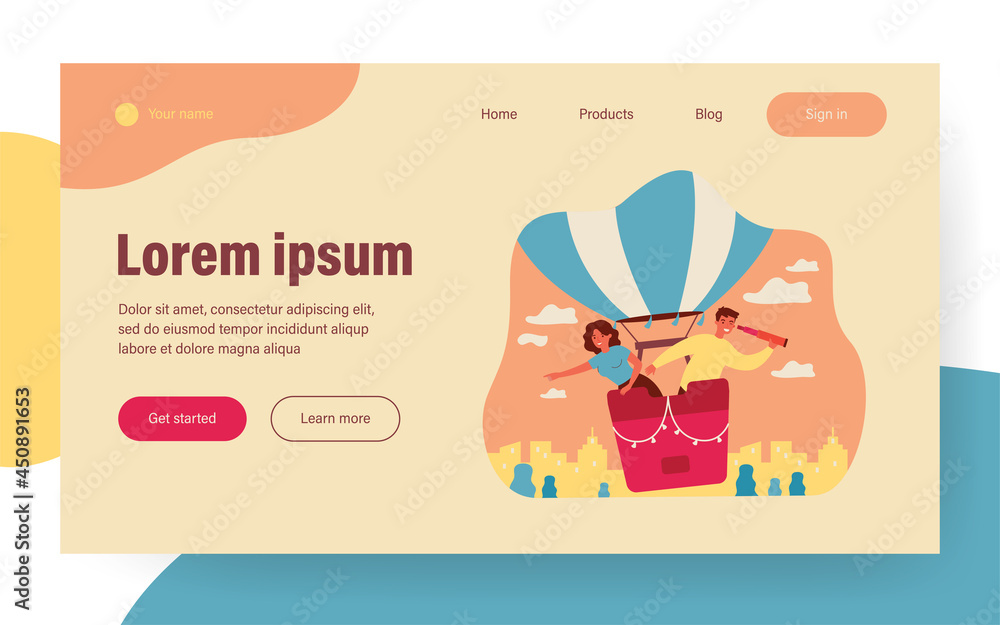 Happy woman and man searching for employees on air balloon isolated flat vector illustration. Cartoon creative people hunting for new job. Vacancy research and work concept Happy woman and man searching for employees on air balloon isolated flat vector illustration. Cartoon creative people hunting for new job. Vacancy research and work concept