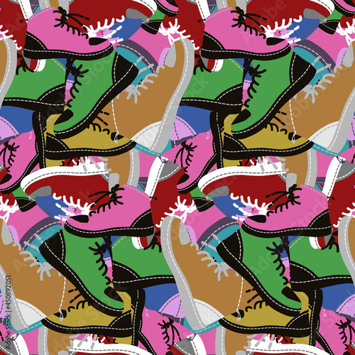 Seamless pattern multi-colored modern boots. Vector illustration