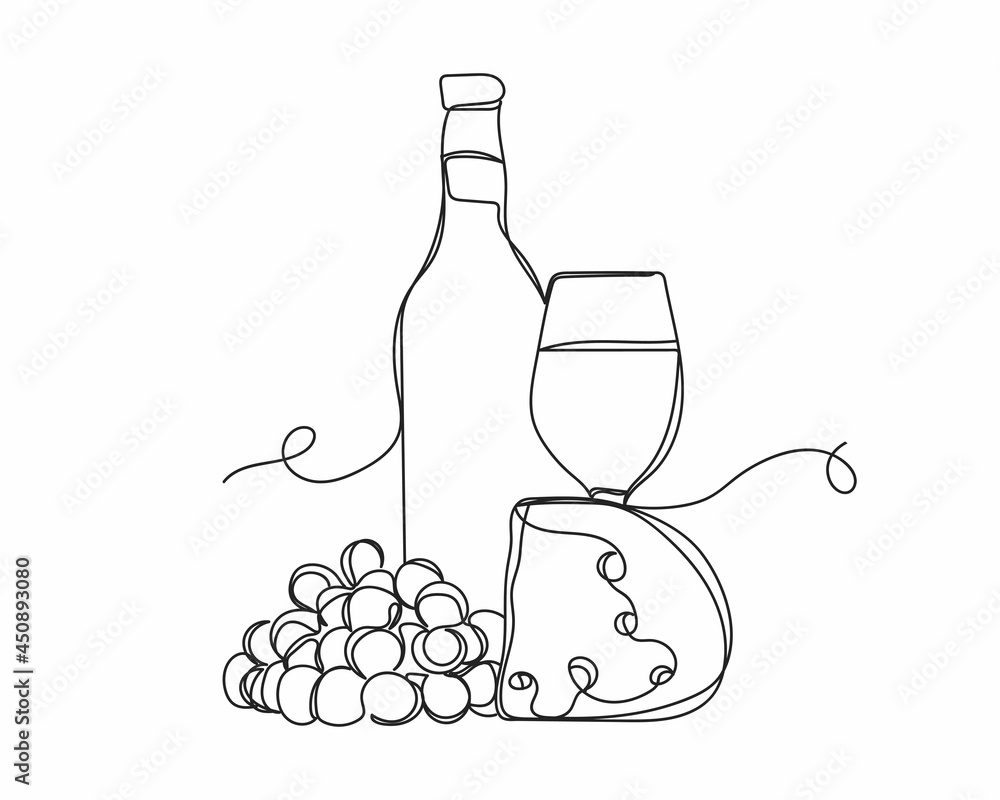 Continuous one line drawing of bottle with glass of wine and cheese in