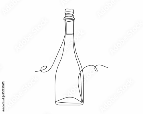 Continuous one line drawing of bottle of champagne in silhouette on a white background. Linear stylized.Minimalist.