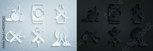 Set No doping syringe, alcohol, meat, Meditation, Soda can and Fruit icon. Vector