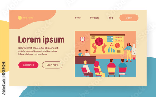 Female speaker standing in front of presentation isolated flat vector illustration. Cartoon audience listening international ecological scientific conference. Business and media forum concept