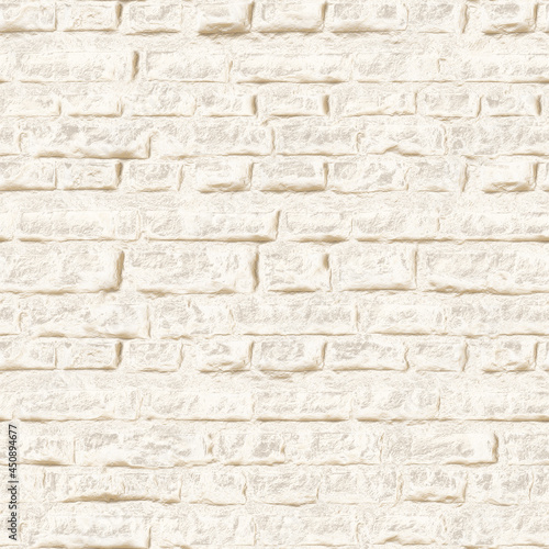 Old grungy rustic dusty white brick wall of ancient city. Uneven pitted peeled surface brickwork of cellar worn. Ruined bright stiff blocks. Spotted ragged holes brickwall for 3D light grunge design