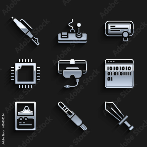 Set Virtual reality glasses, Audio jack, Sword for game, Binary code, Card, Processor with CPU, Certificate template and Fountain pen nib icon. Vector