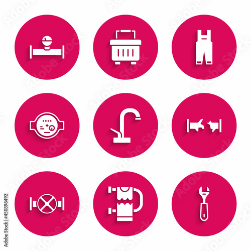 Set Water tap, Heated towel rail, Wrench spanner, Broken pipe, Industry and valve, meter, Work overalls and manometer icon. Vector