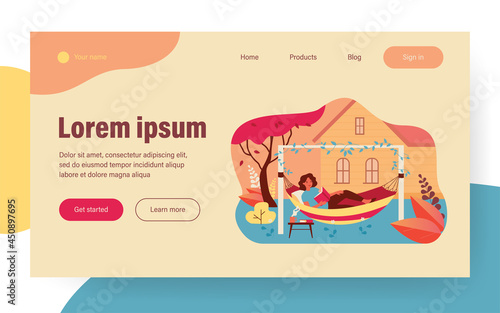 Happy girl relaxing in backyard, lying in hammock and reading book. Vector illustration for leisure, summer vacation, home garden concept
