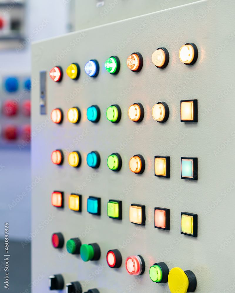 Various shape and color push button lamp switch on off for start stop and show status or monitor function work install on electric power control cabinet Various shape and color push button lamp switch on off for start stop and show status or monitor function work install on electric power control cabinet