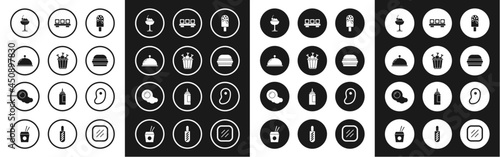 Set Ice cream, Chicken leg in package box, Covered with tray, bowl, Burger, Sushi on cutting board, Steak meat and Scrambled eggs icon. Vector