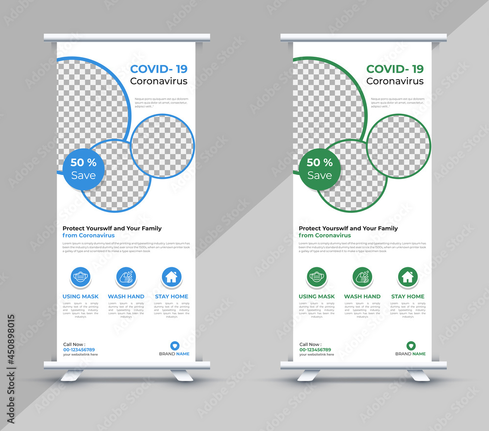Medical Roll Up Banner Design, Business Roll Up Banner Template, Covid -19, Coronavirus Blue, Green color Medical Roll Up Banner Design, Business Roll Up Banner Template, Covid -19, Coronavirus Blue, Green color