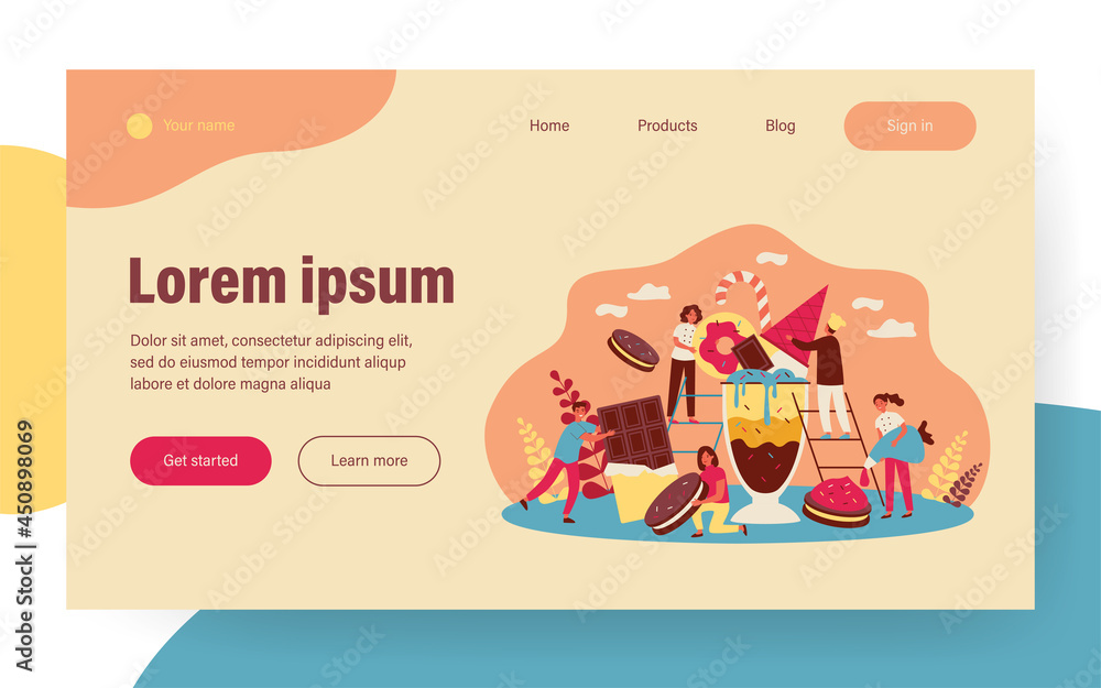 Happy tiny women and men among huge chocolate dessert dishes flat vector illustration. Cartoon characters eating sweet food. Bakery factory and pastry concept Happy tiny women and men among huge chocolate dessert dishes flat vector illustration. Cartoon characters eating sweet food. Bakery factory and pastry concept