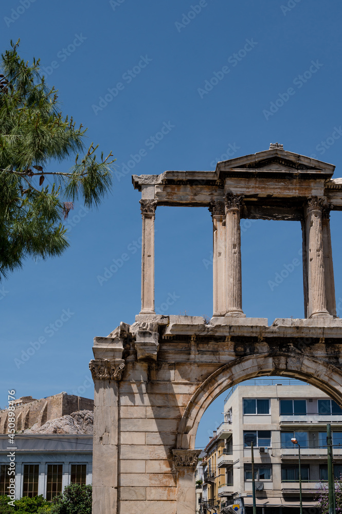 The Arch of Hadrian. Hadrian's Gate. Roman triumphal arch in Athens, Greece. Landmark of Europe. Ancient architecture. History.