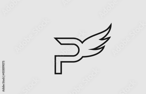 black white P simple alphabet letter icon logo with line design. Creative wing template for company