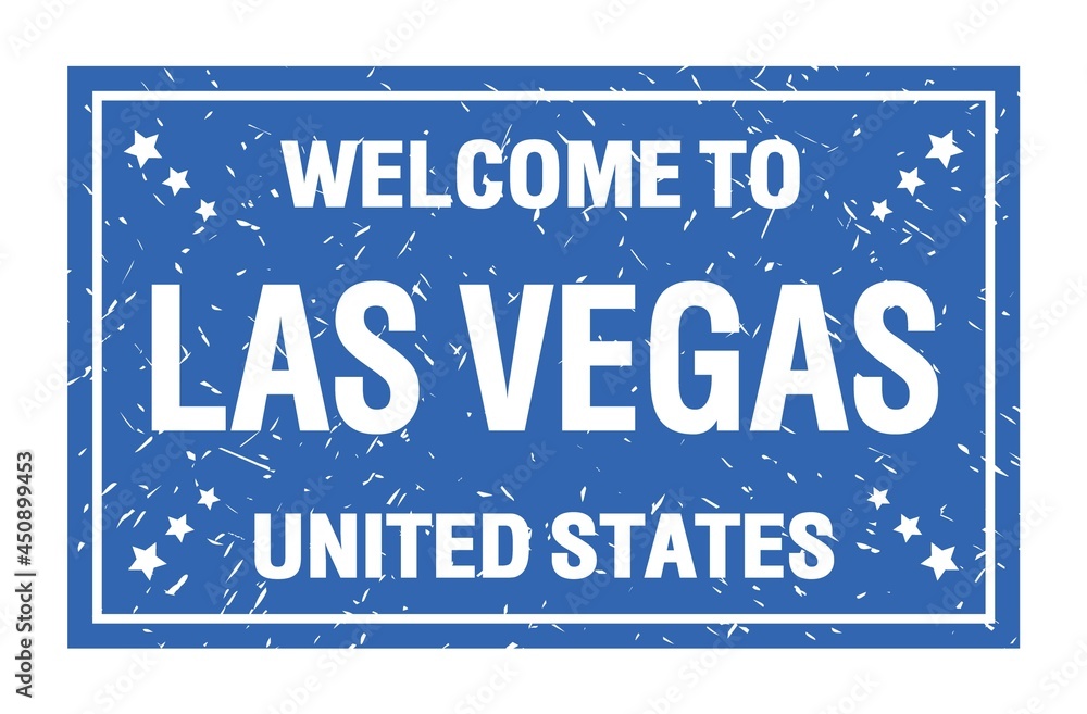 WELCOME TO LAS VEGAS - UNITED STATES, words written on light blue rectangle stamp