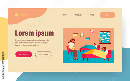 Mom reading bedtime story to kids. Fairytale, book, happy children lying in bed flat vector illustration. Motherhood and literature concept for banner, website design or landing web page