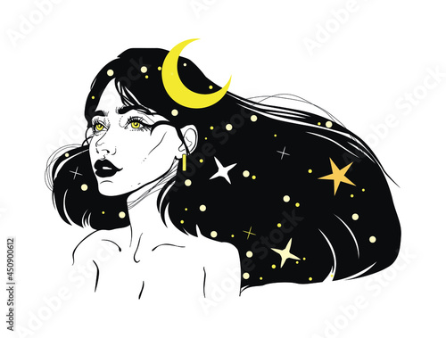 Magic night fairy with the moon. Hand drawn portrait of a beautiful shamanic woman. Alchemy, religion, spirituality, occultism, tattoo art. Vector illustration.