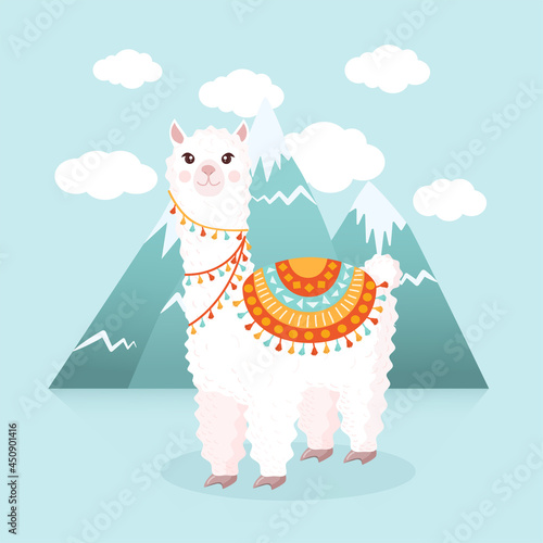 Cute llama or alpaca against the background of mountains and clouds. Vector illustration for greeting card, poster, texture, textile, decor. Cartoon character.